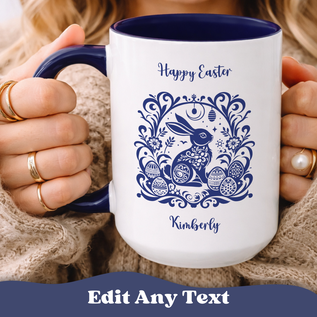 Personalized Easter Egg Bunny Mug – Blue Folk Accent Cup