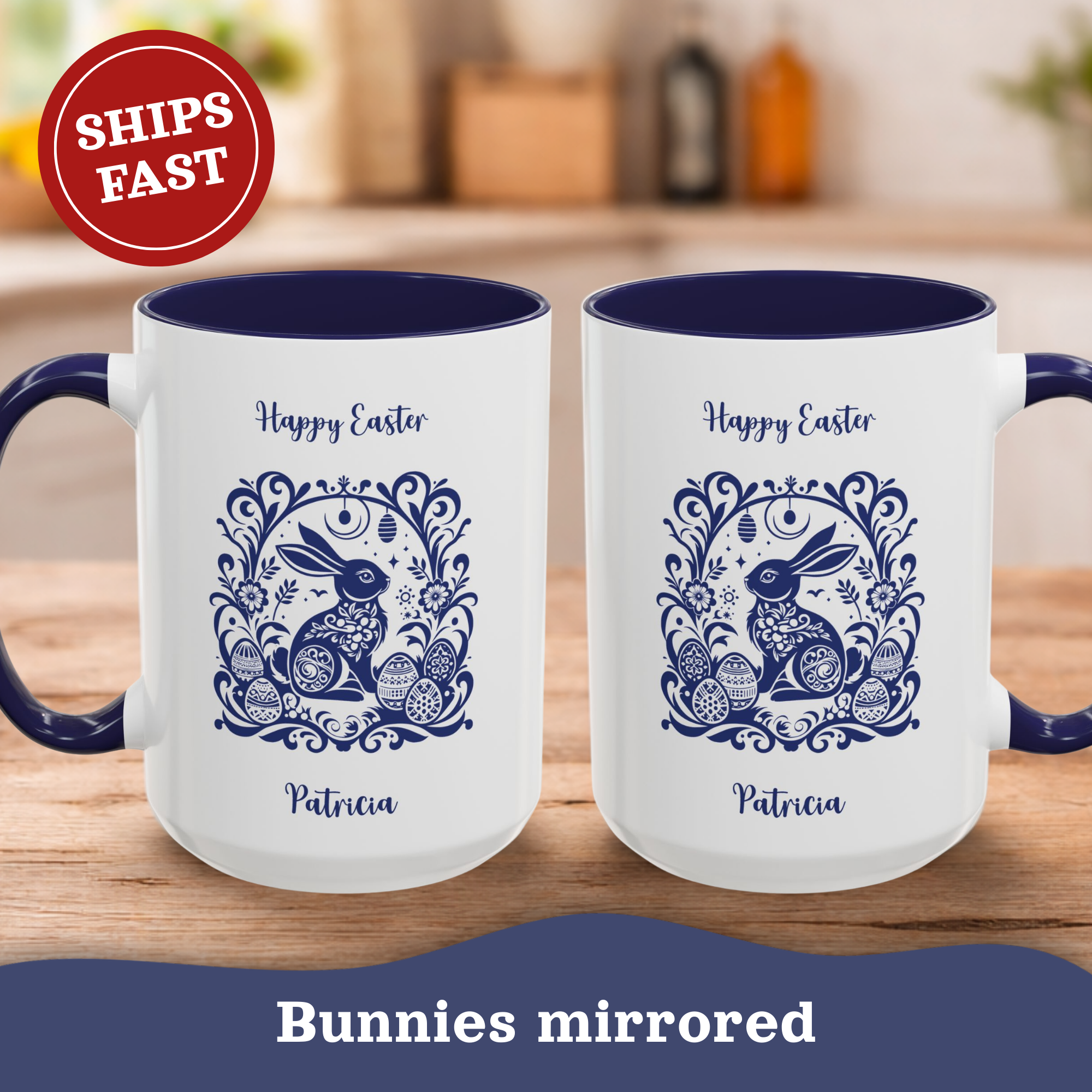 Personalized Easter Egg Bunny Mug – Blue Folk Accent Cup