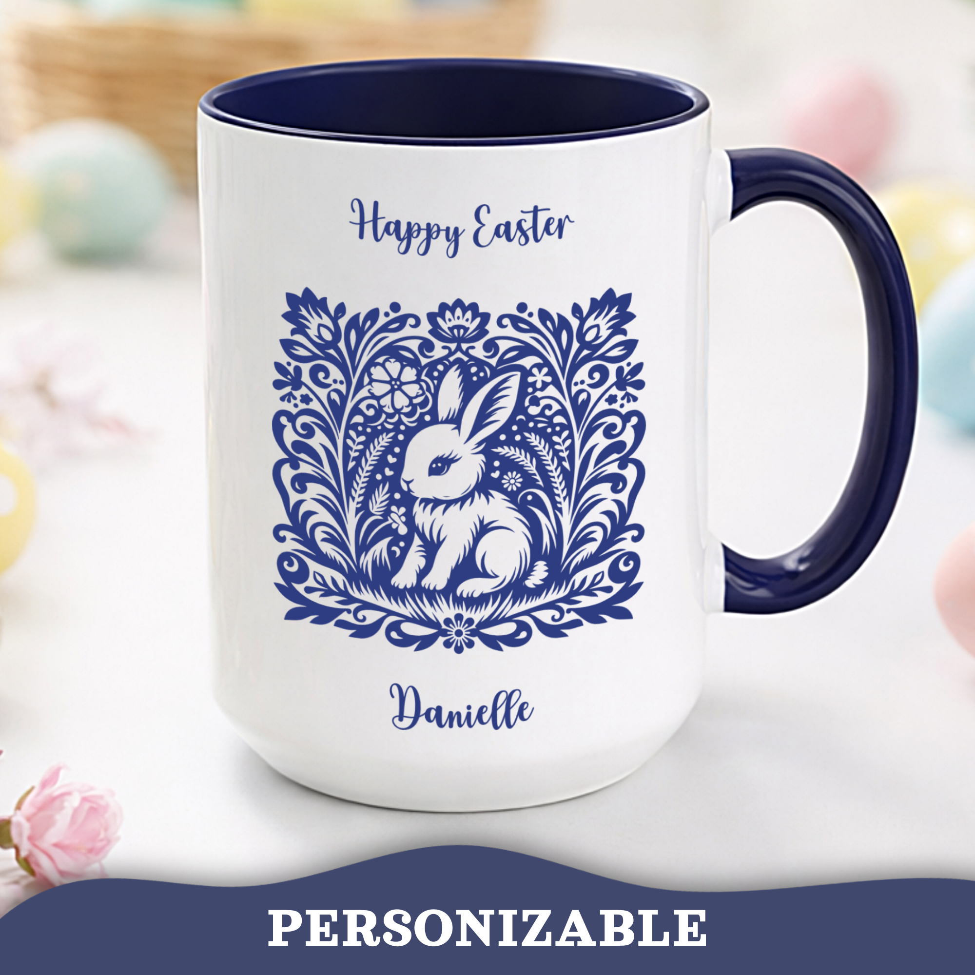 Folk bunny Easter accent mug – size and personalisation details