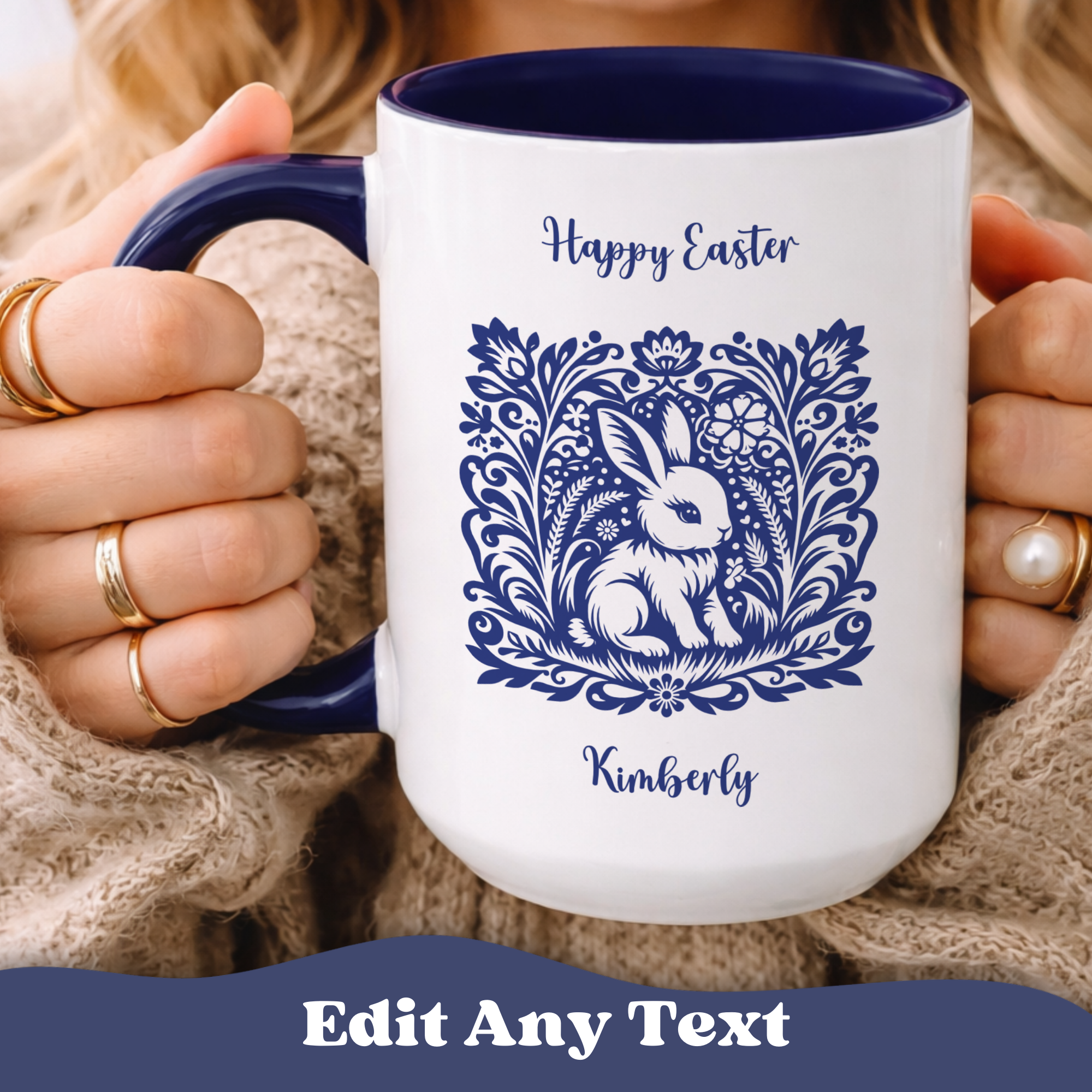 Personalized Folk Bunny Easter Mug – Blue Scandi Papercut Accent Cup