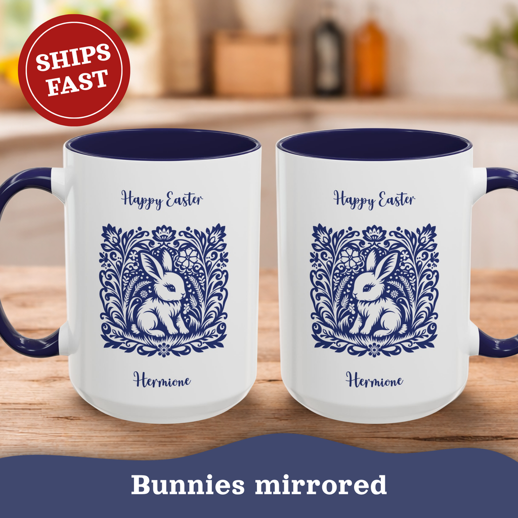 Personalized Folk Bunny Easter Mug – Blue Scandi Papercut Accent Cup