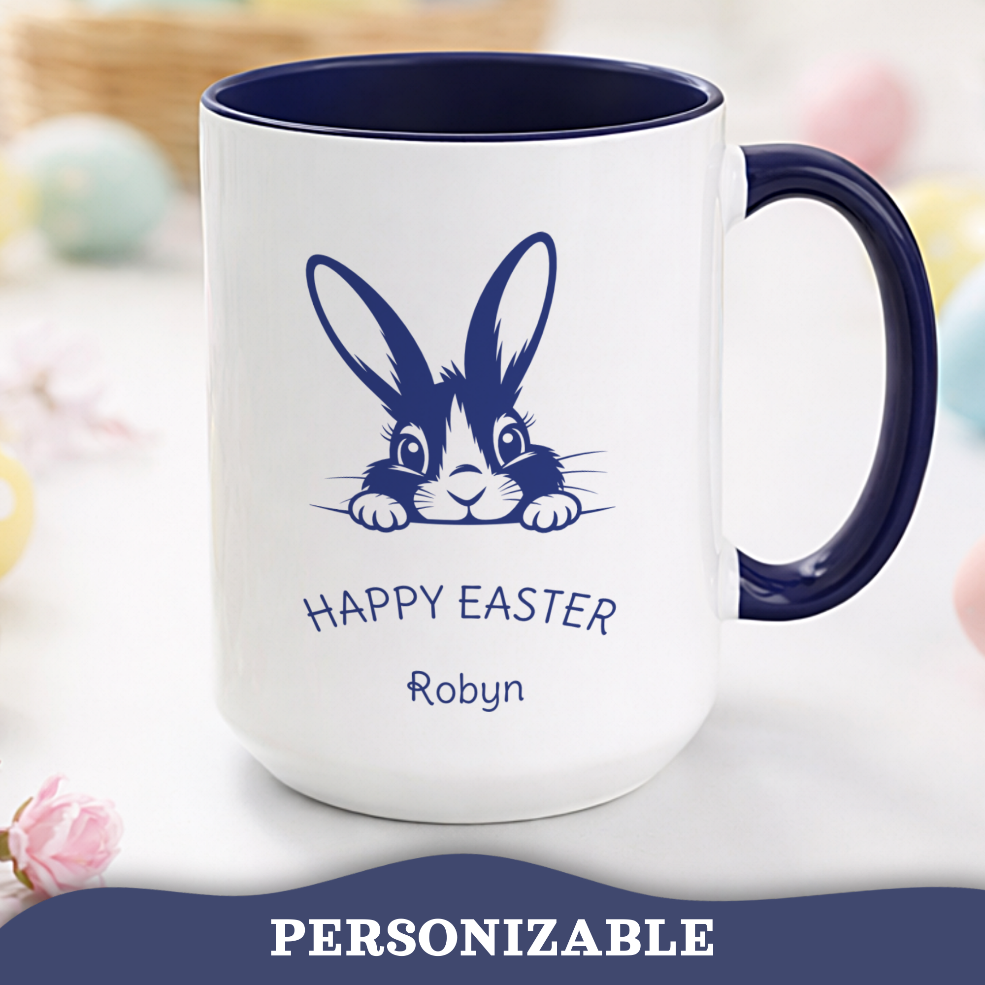 Peeking bunny Easter accent mug – size and personalisation details