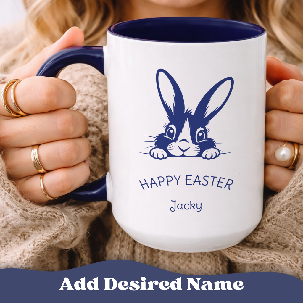 Personalized Peeking Bunny Easter Mug – Cute Navy Accent Cup