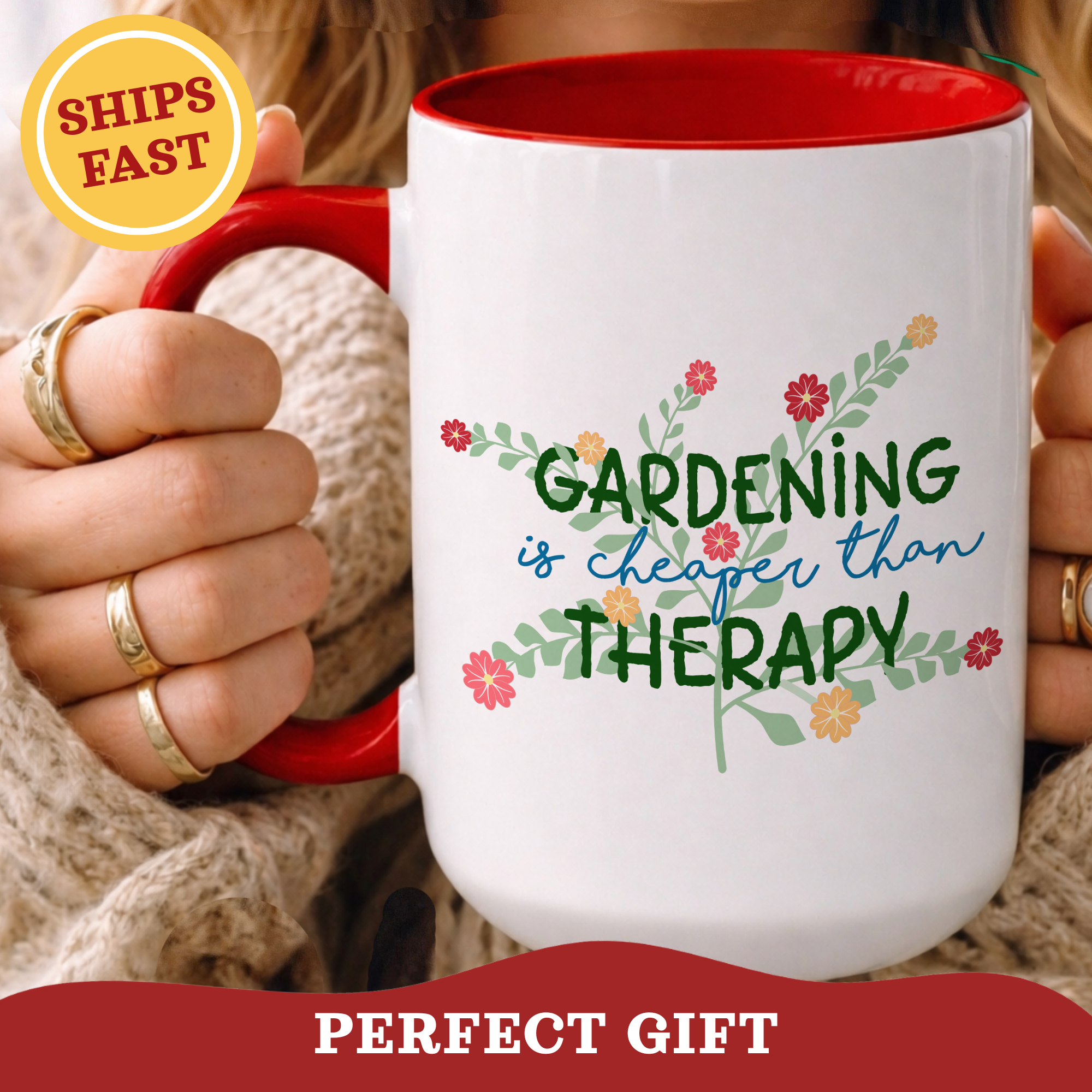 Gardeners Outdoor Mug - Gardening is cheaper than Therapy cup | Accent Coffee Mug