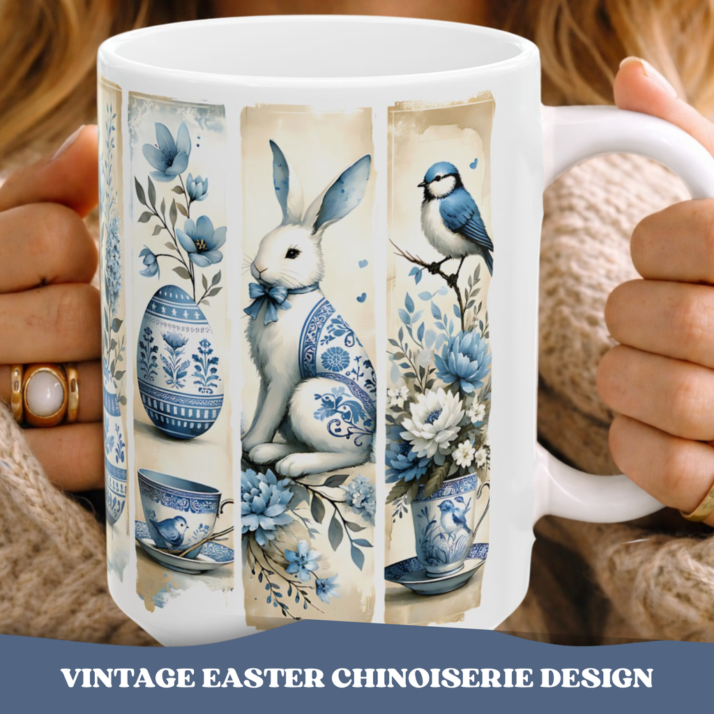 Easter Vintage Chinoiserie Illustration Mug | Blue Floral Bunny Egg Ceramic Mug