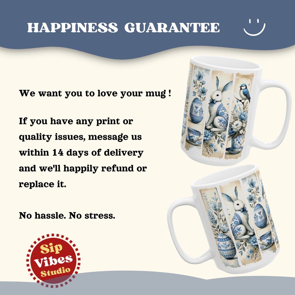 Easter Vintage Chinoiserie Illustration Mug | Blue Floral Bunny Egg Ceramic Mug