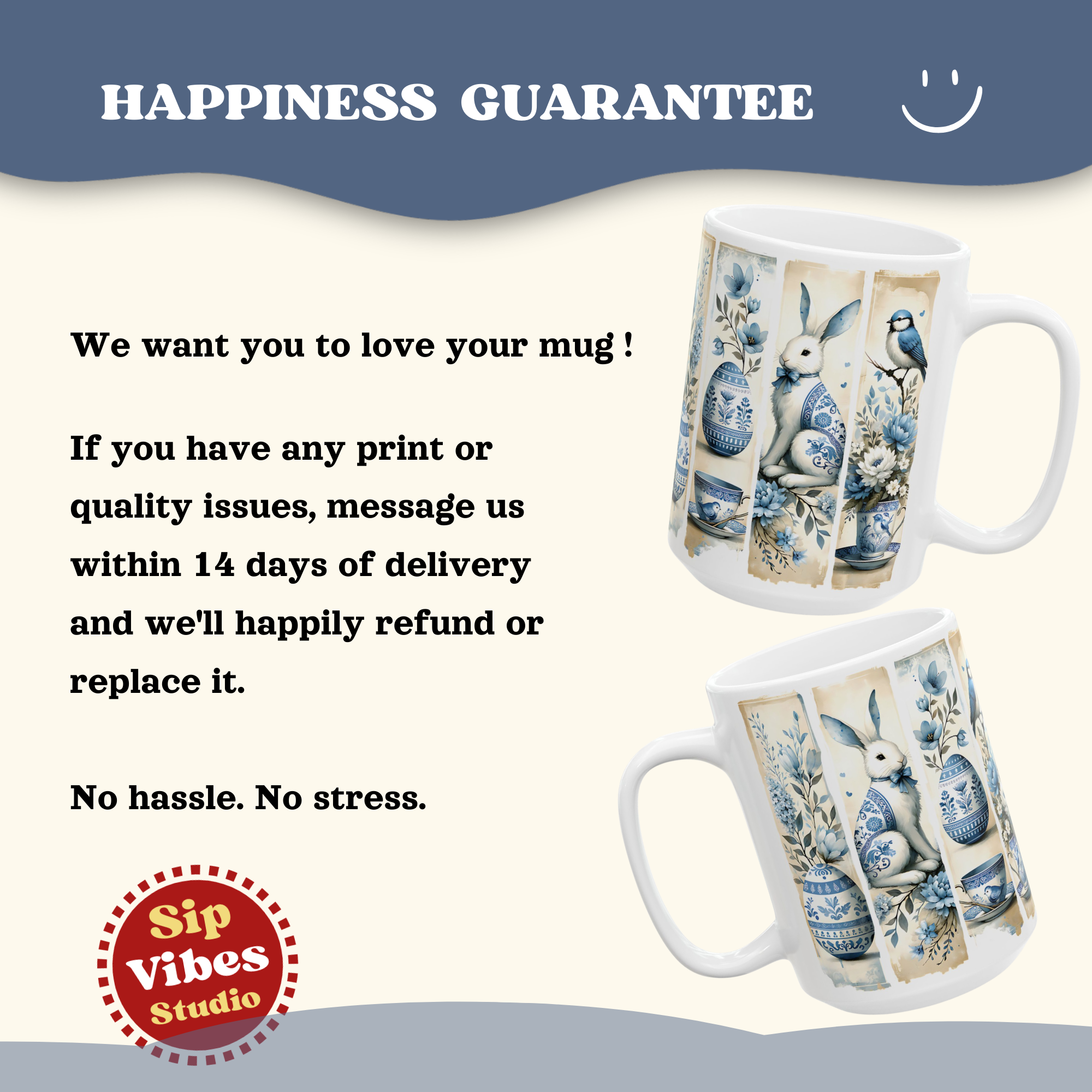 Easter Vintage Chinoiserie Illustration Mug | Blue Floral Bunny Egg Ceramic Mug