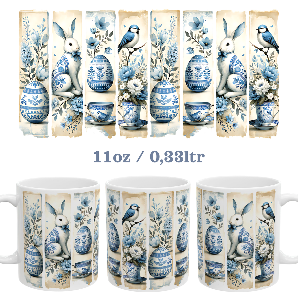 Easter Vintage Chinoiserie Illustration Mug | Blue Floral Bunny Egg Ceramic Mug