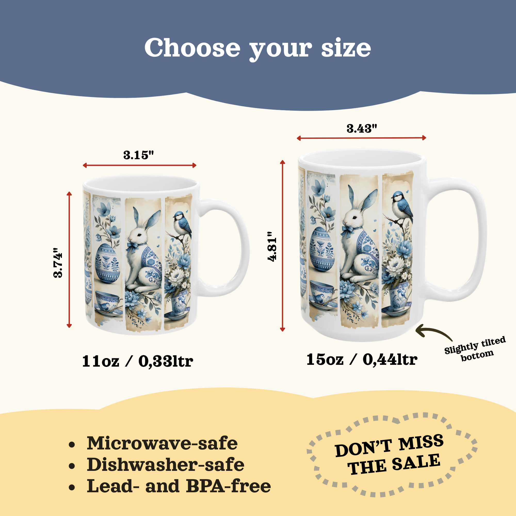 Easter Vintage Chinoiserie Illustration Mug | Blue Floral Bunny Egg Ceramic Mug