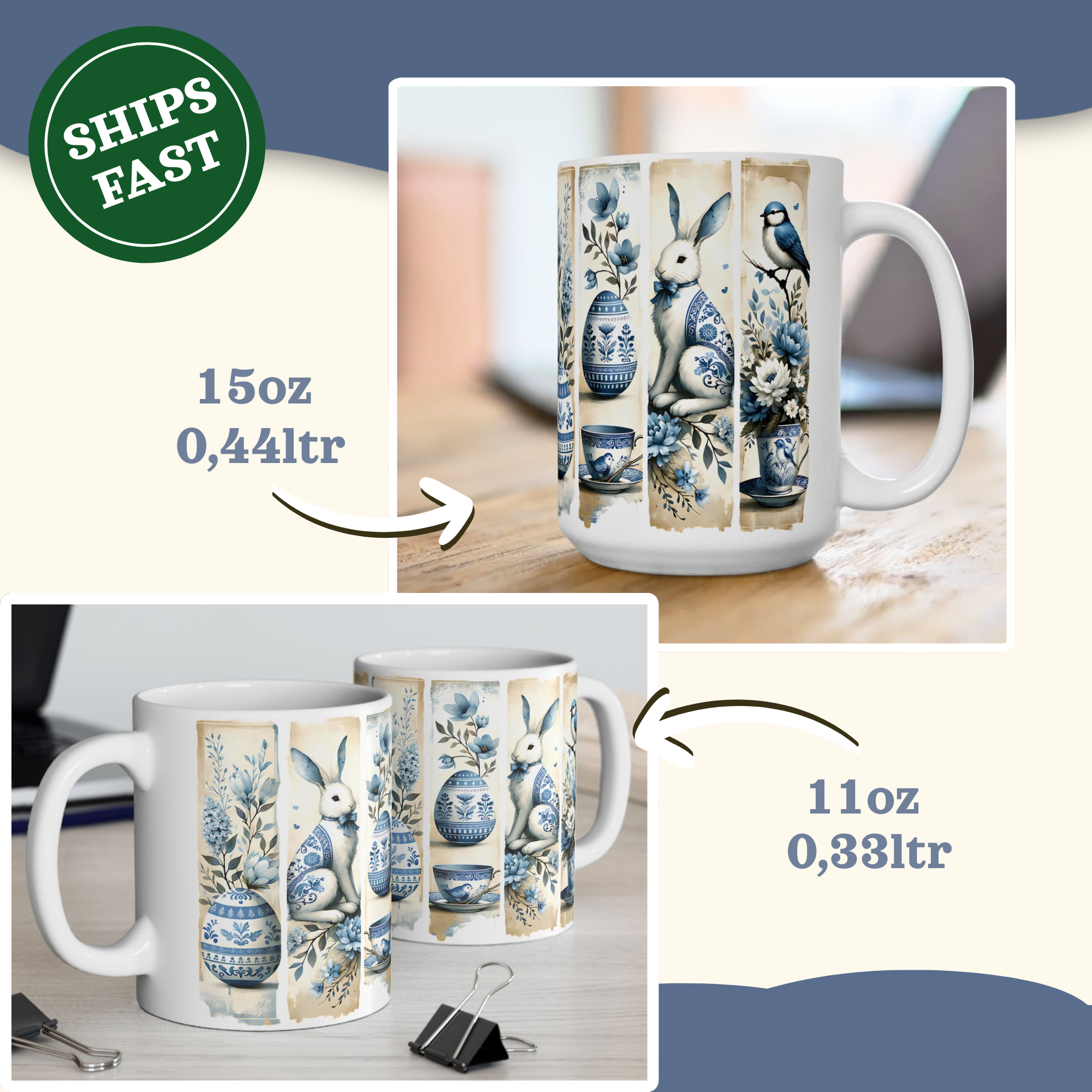 Easter Vintage Chinoiserie Illustration Mug | Blue Floral Bunny Egg Ceramic Mug