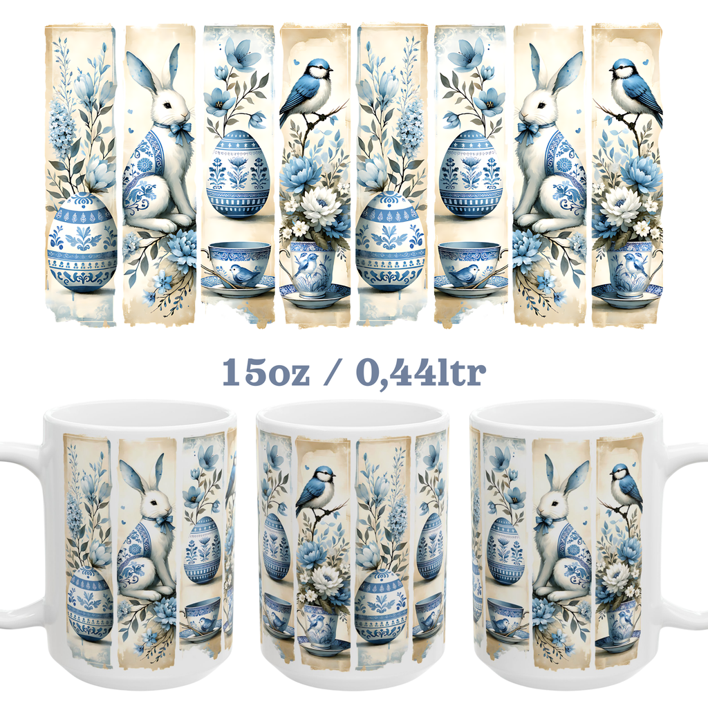 Easter Vintage Chinoiserie Illustration Mug | Blue Floral Bunny Egg Ceramic Mug