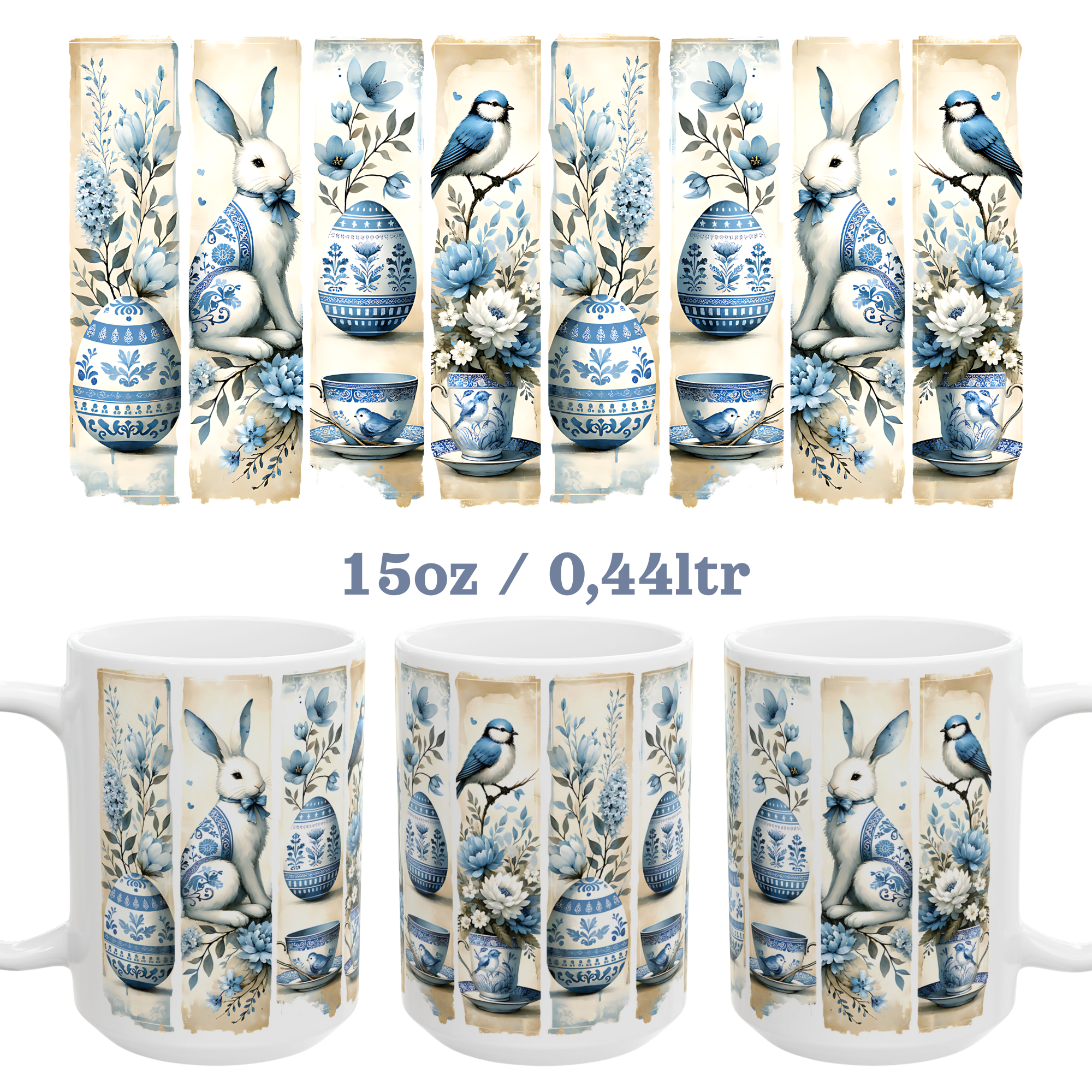 Easter Vintage Chinoiserie Illustration Mug | Blue Floral Bunny Egg Ceramic Mug