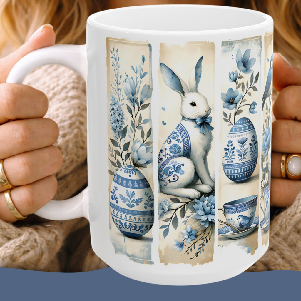 Easter Vintage Chinoiserie Illustration Mug | Blue Floral Bunny Egg Ceramic Mug