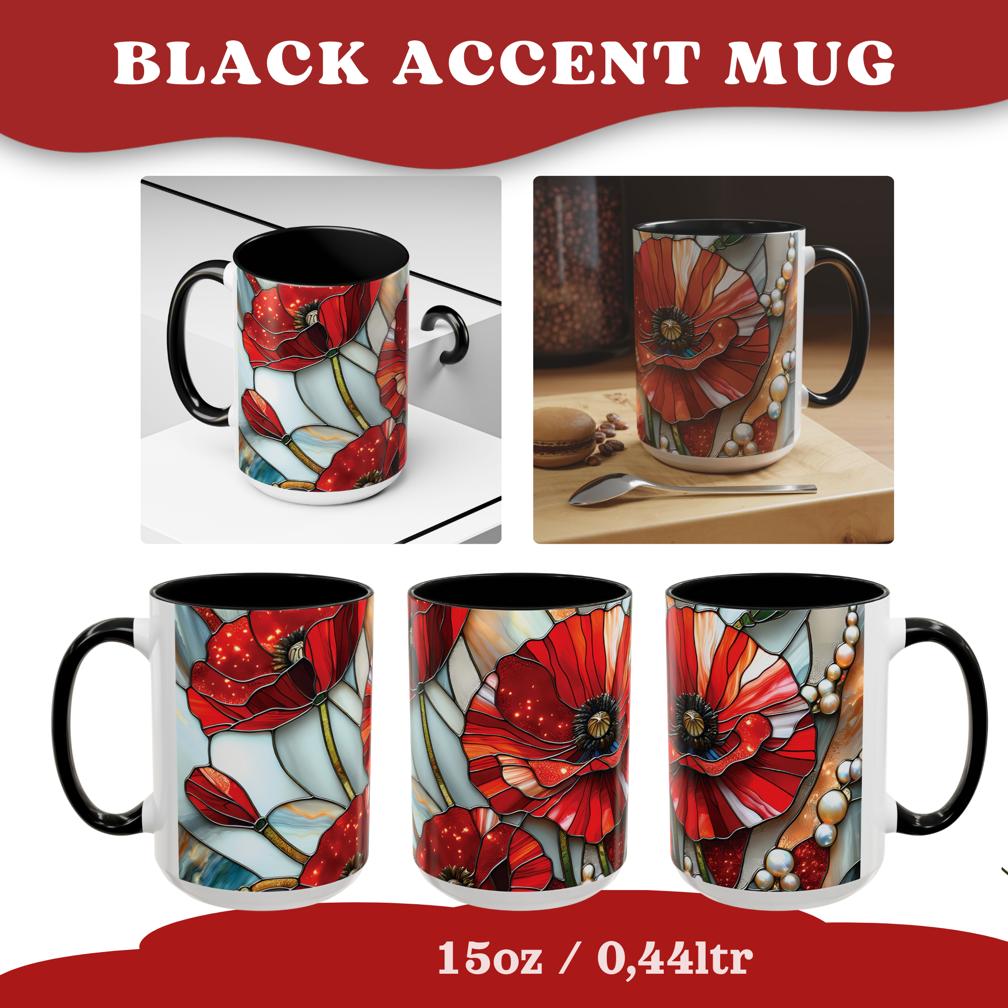 Stained Glass Poppies Mug | Two Tone Mug | Accent Coffee Mug
