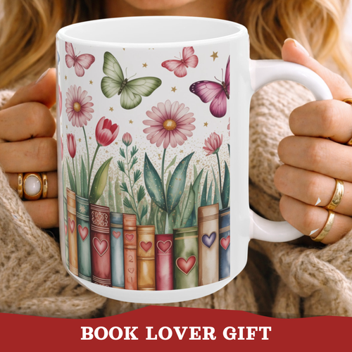 Book Lover Mug, Flower Bookshelf Mug, Bookish Floral Mug, Floral Book Cup, Favorite Bookshelf Coffee Mug