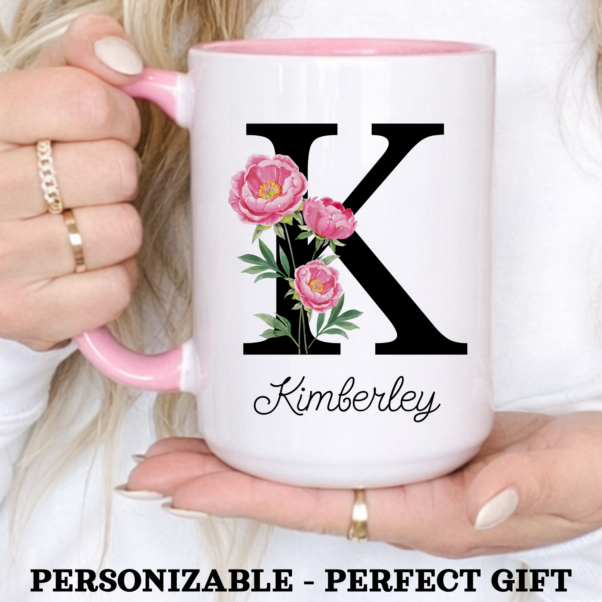 Personalized Birth Flower Coffee Mug, Custom Birthflower Cup, Capital Letter Monogram Mug, Initial Name | 11-15oz