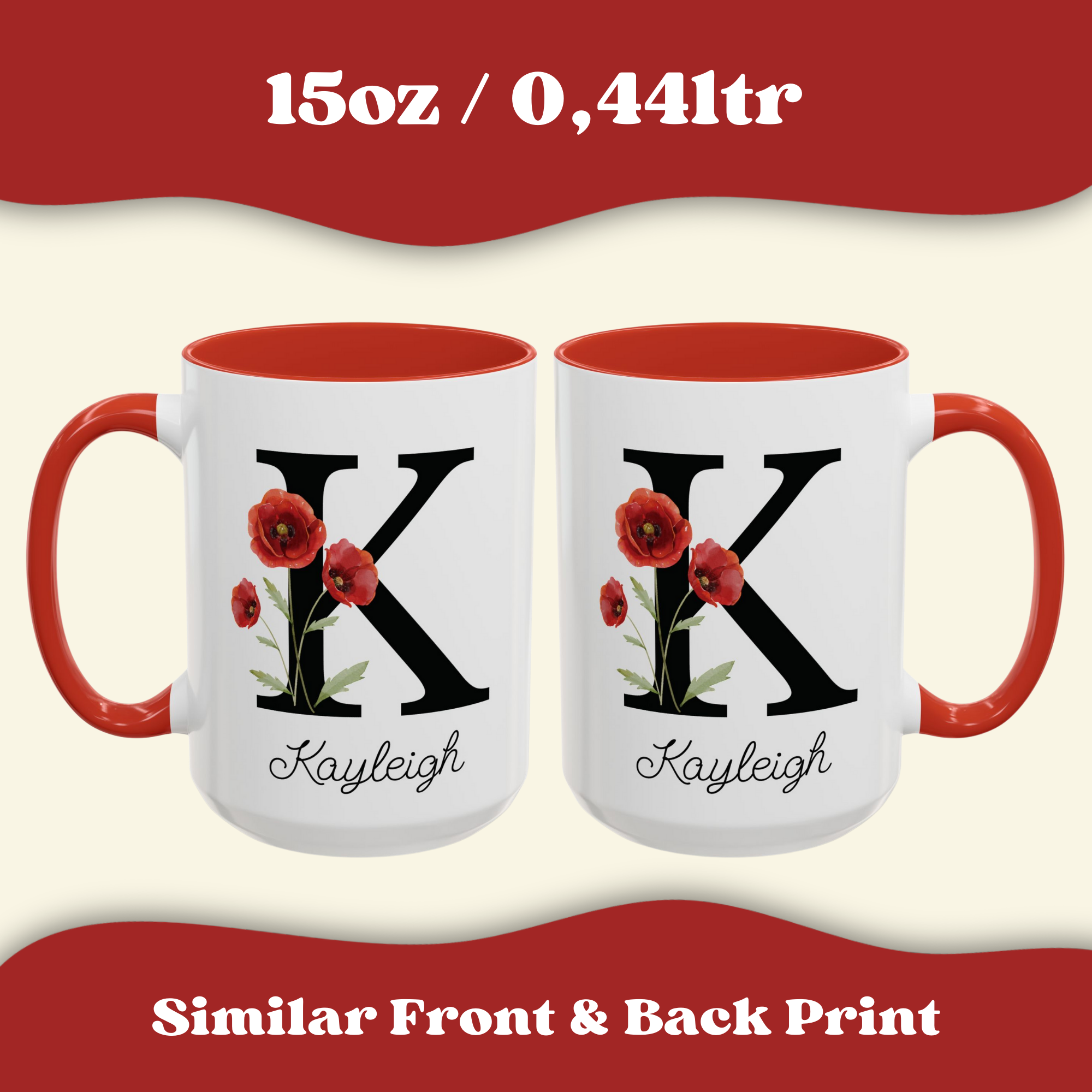 Personalized Birth Flower Coffee Mug, Custom Birthflower Cup, Capital Letter Monogram Mug, Initial Name | 11-15oz
