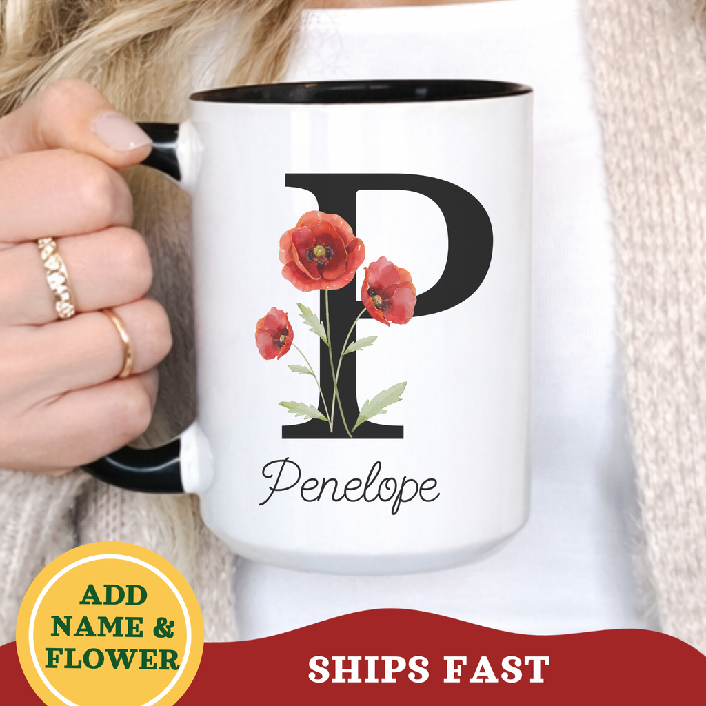Personalized Birth Flower Coffee Mug, Custom Birthflower Cup, Capital Letter Monogram Mug, Initial Name | 11-15oz