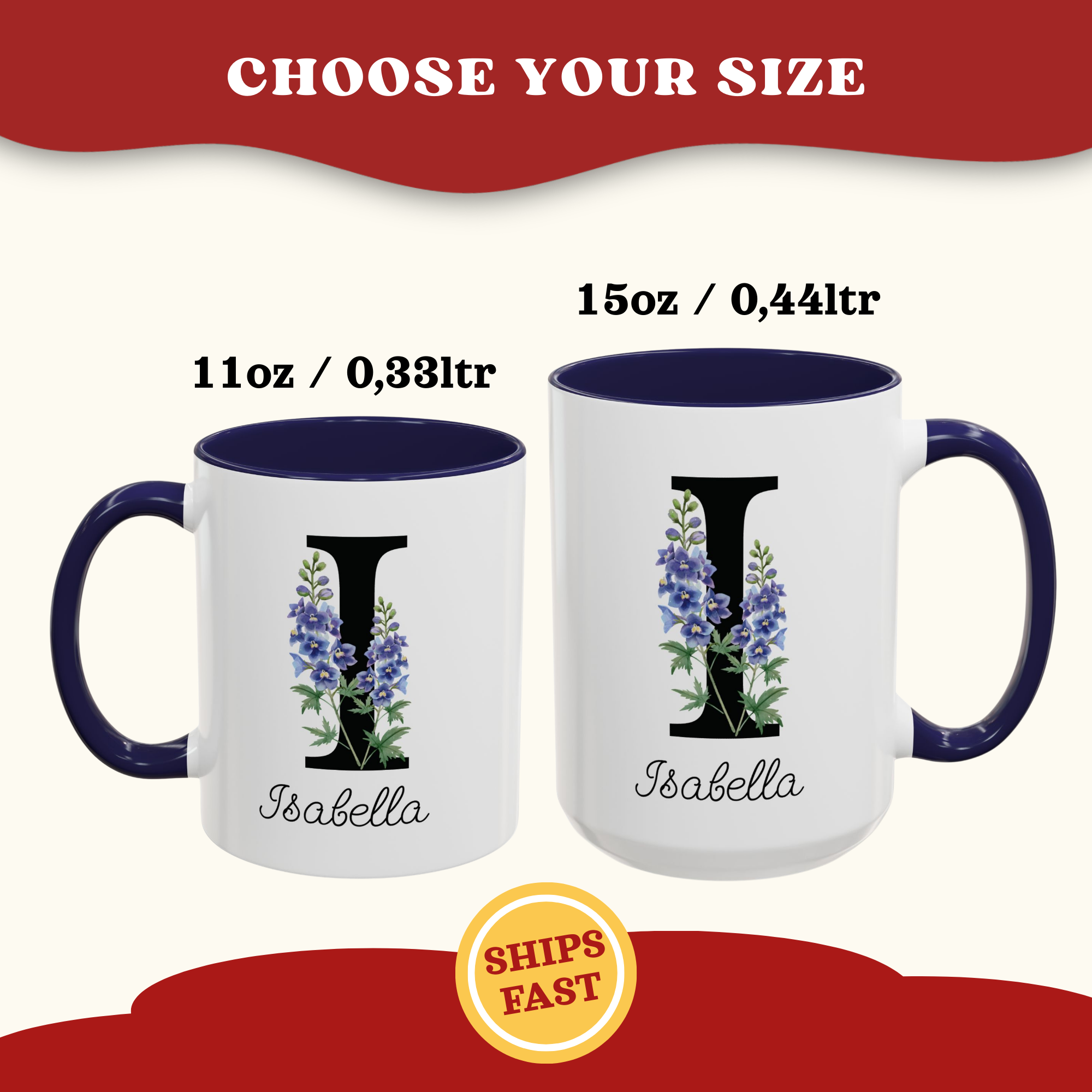 Personalized Birth Flower Coffee Mug, Custom Birthflower Cup, Capital Letter Monogram Mug, Initial Name | 11-15oz