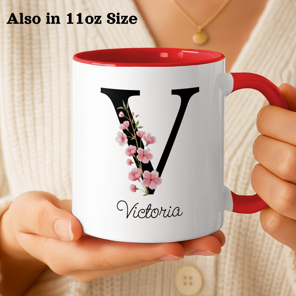 Personalized Birth Flower Coffee Mug, Custom Birthflower Cup, Capital Letter Monogram Mug, Initial Name | 11-15oz