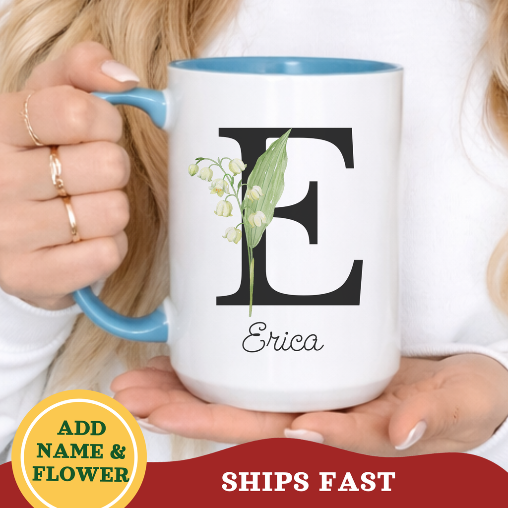 Personalized Birth Flower Coffee Mug, Custom Birthflower Cup, Capital Letter Monogram Mug, Initial Name | 11-15oz