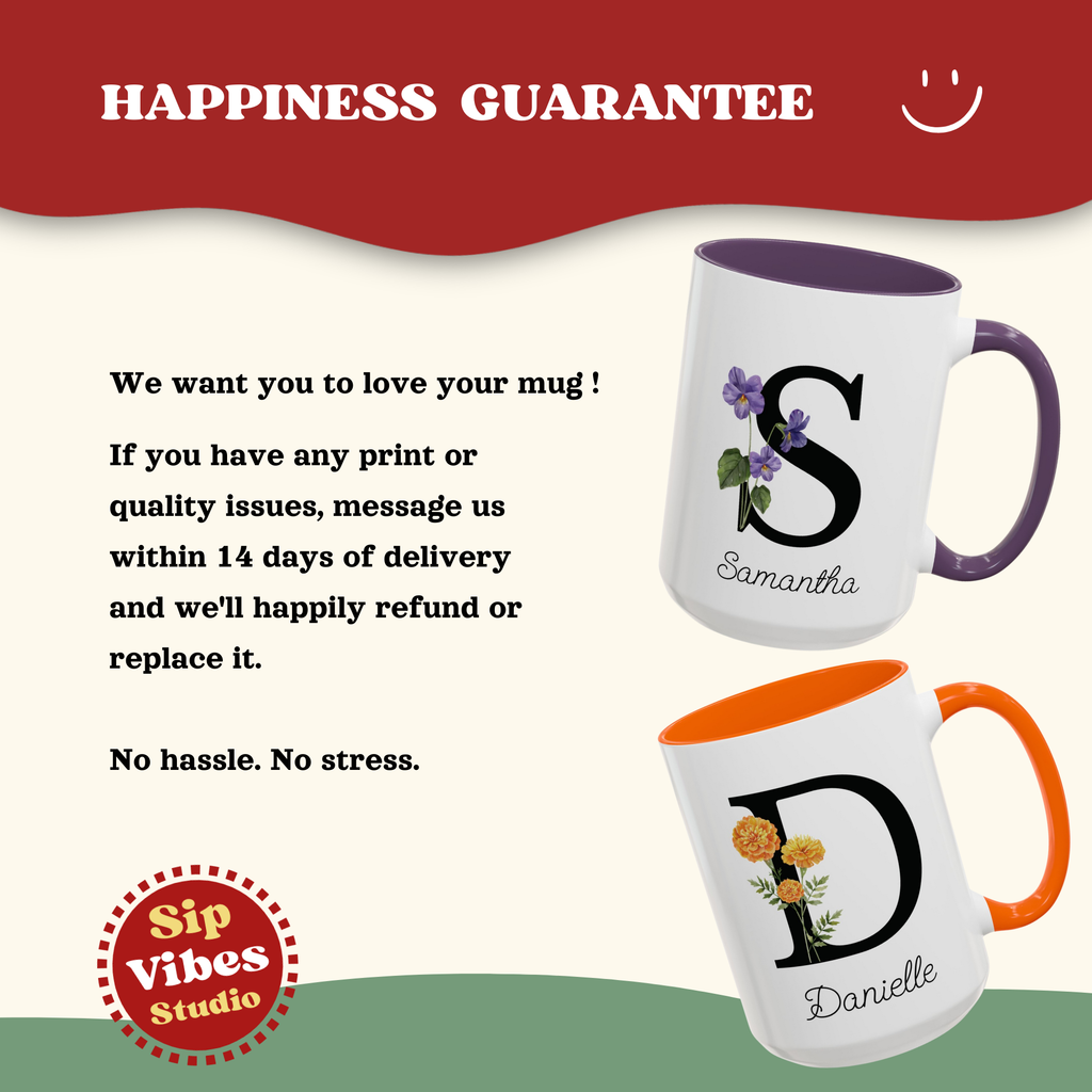 Personalized Birth Flower Coffee Mug, Custom Birthflower Cup, Capital Letter Monogram Mug, Initial Name | 11-15oz