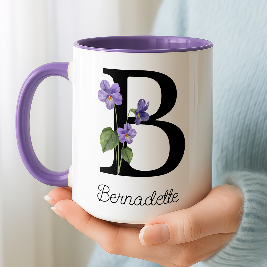 Personalized Birth Flower Coffee Mug, Custom Birthflower Cup, Capital Letter Monogram Mug, Initial Name | 11-15oz