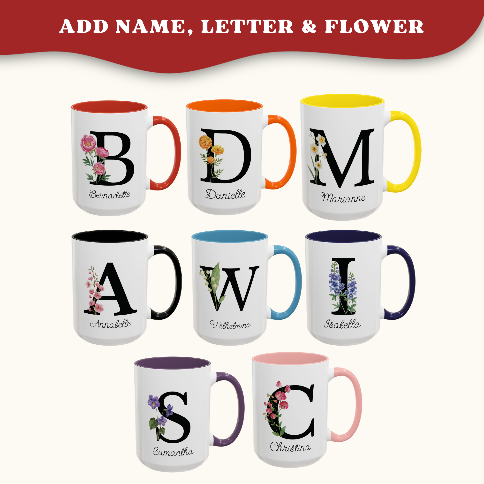 Personalized Birth Flower Coffee Mug, Custom Birthflower Cup, Capital Letter Monogram Mug, Initial Name | 11-15oz
