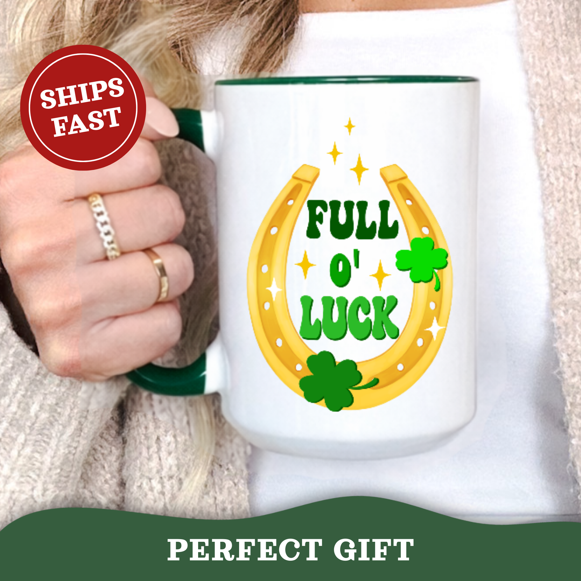 St Patricks Day Mug FULL of LUCK Irish cup green handle | Accent Coffee Mug