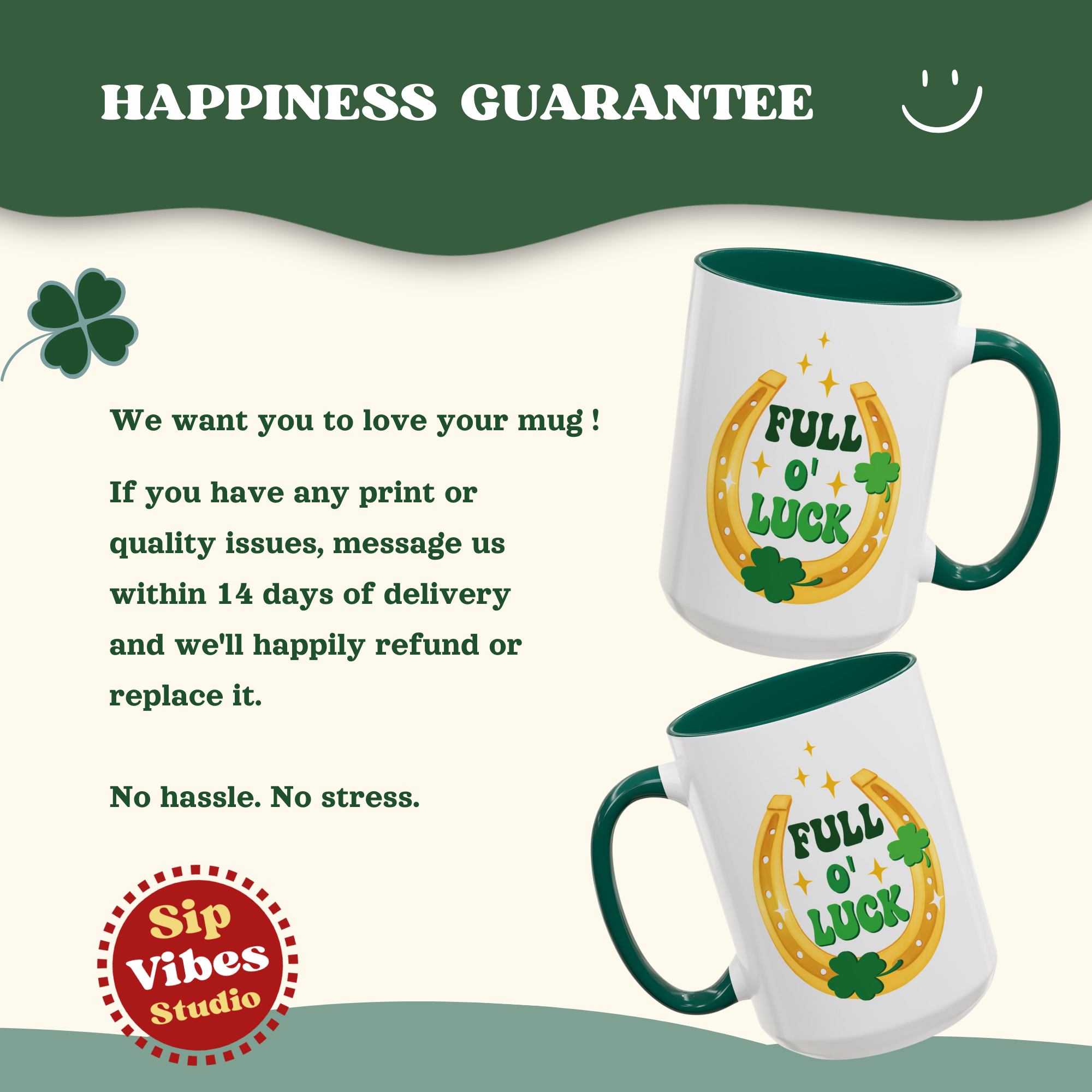 St Patricks Day Mug FULL of LUCK Irish cup green handle | Accent Coffee Mug