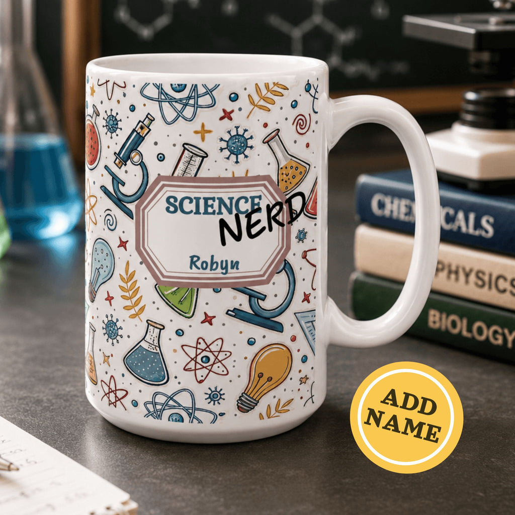 Personalized Science Nerd Mug, Chemistry Physics Laboratory Icons Ceramic Mug