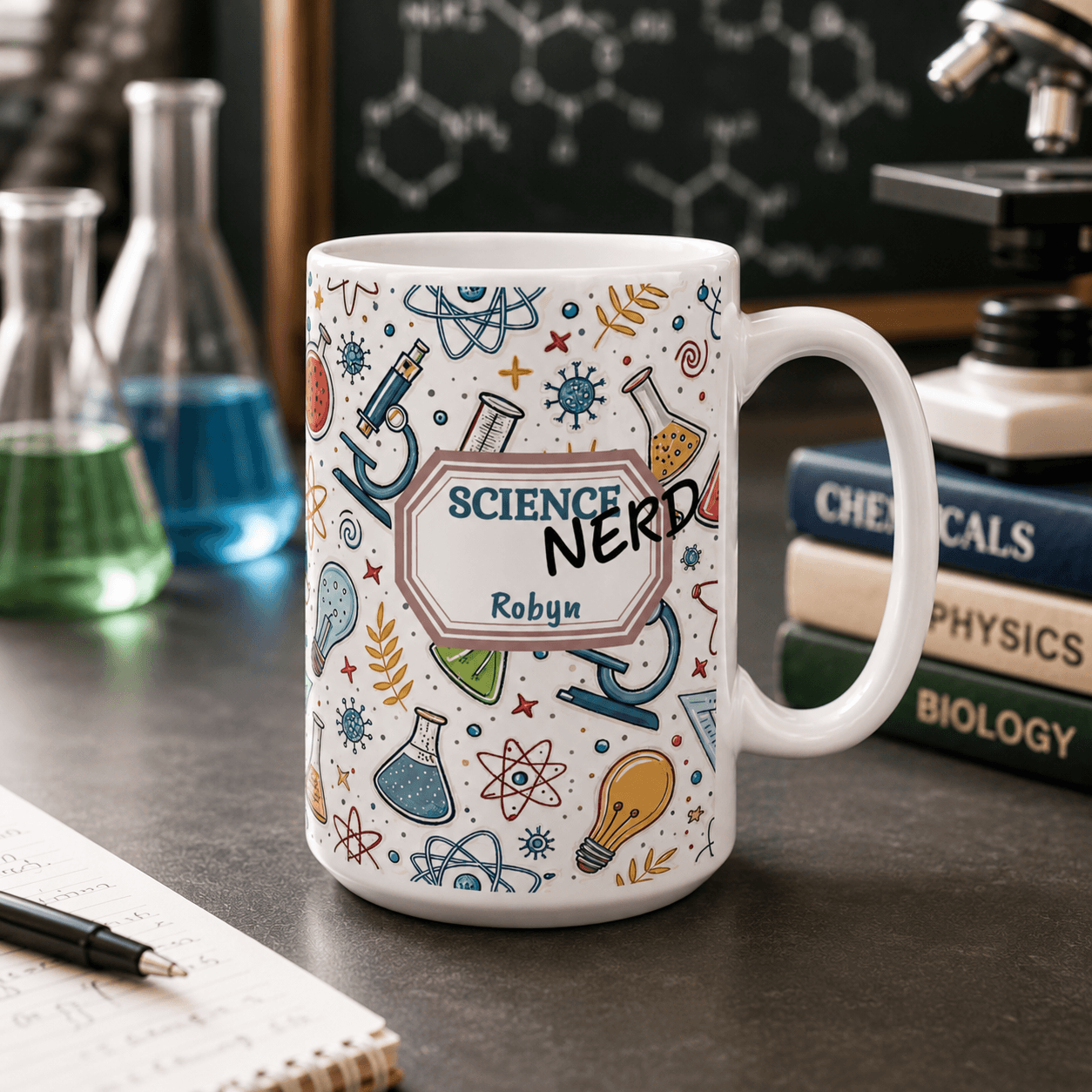 Personalized Science Nerd Mug, Chemistry Physics Laboratory Icons Ceramic Mug