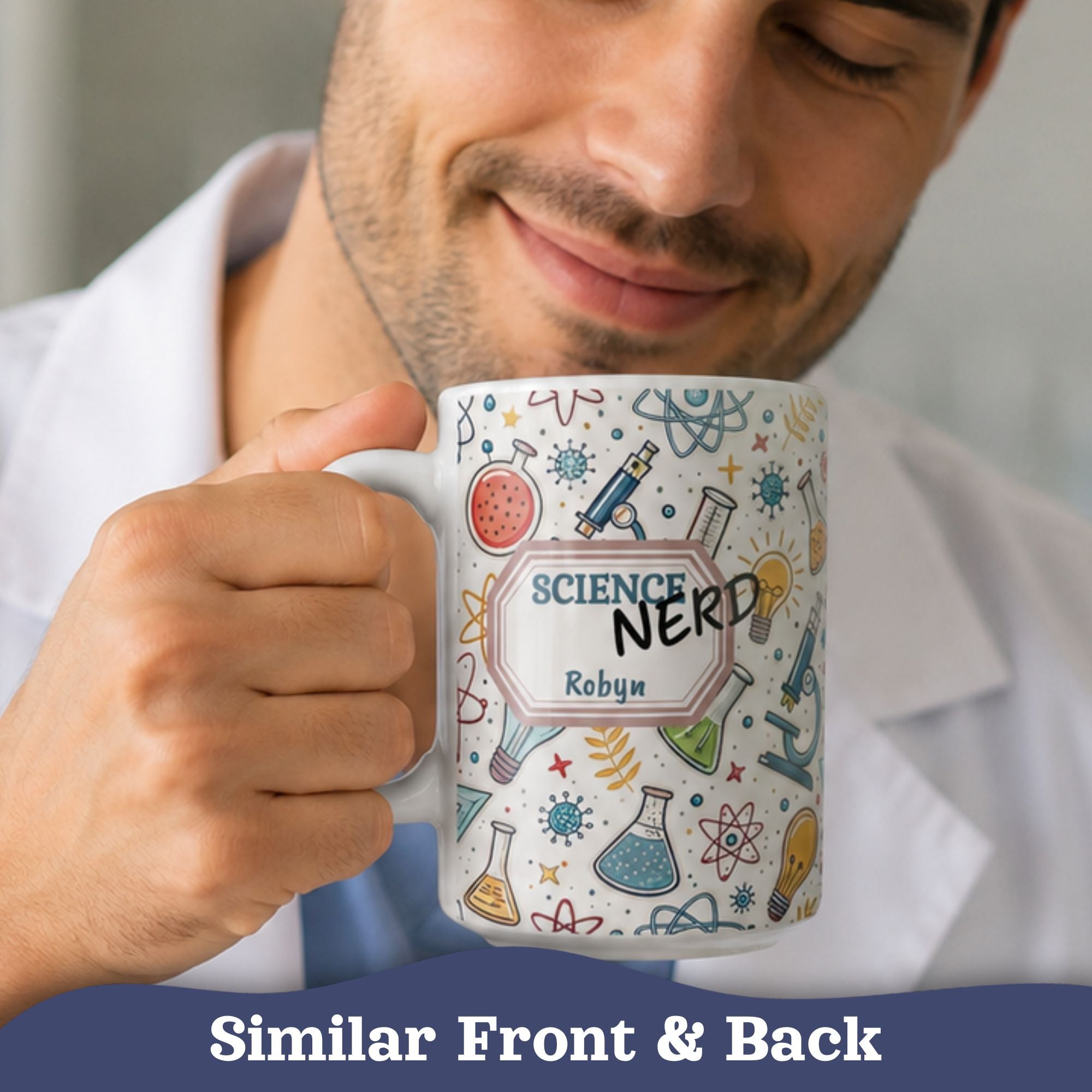 Personalized Science Nerd Mug, Chemistry Physics Laboratory Icons Ceramic Mug