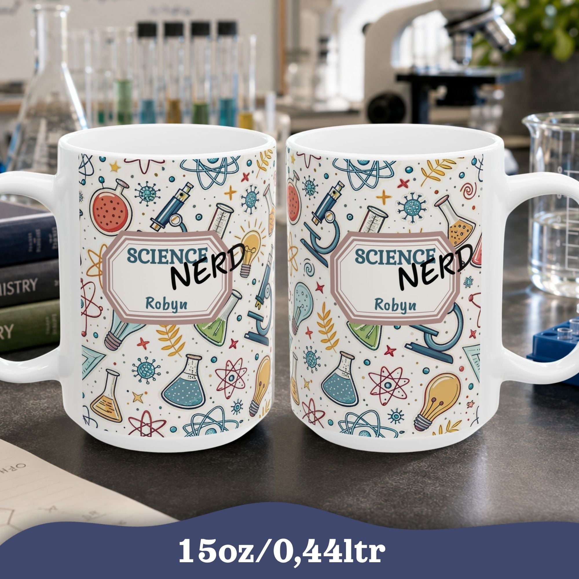 Personalized Science Nerd Mug, Chemistry Physics Laboratory Icons Ceramic Mug