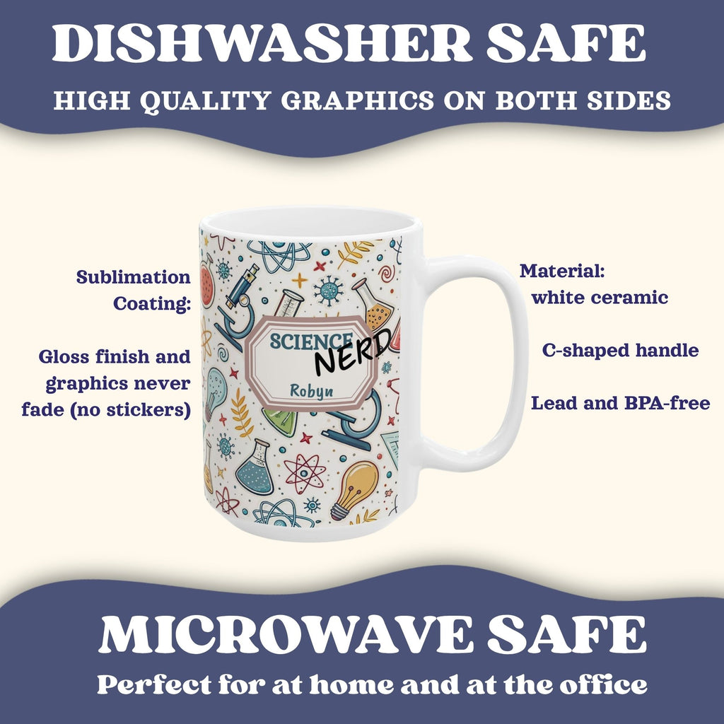 Personalized Science Nerd Mug, Chemistry Physics Laboratory Icons Ceramic Mug