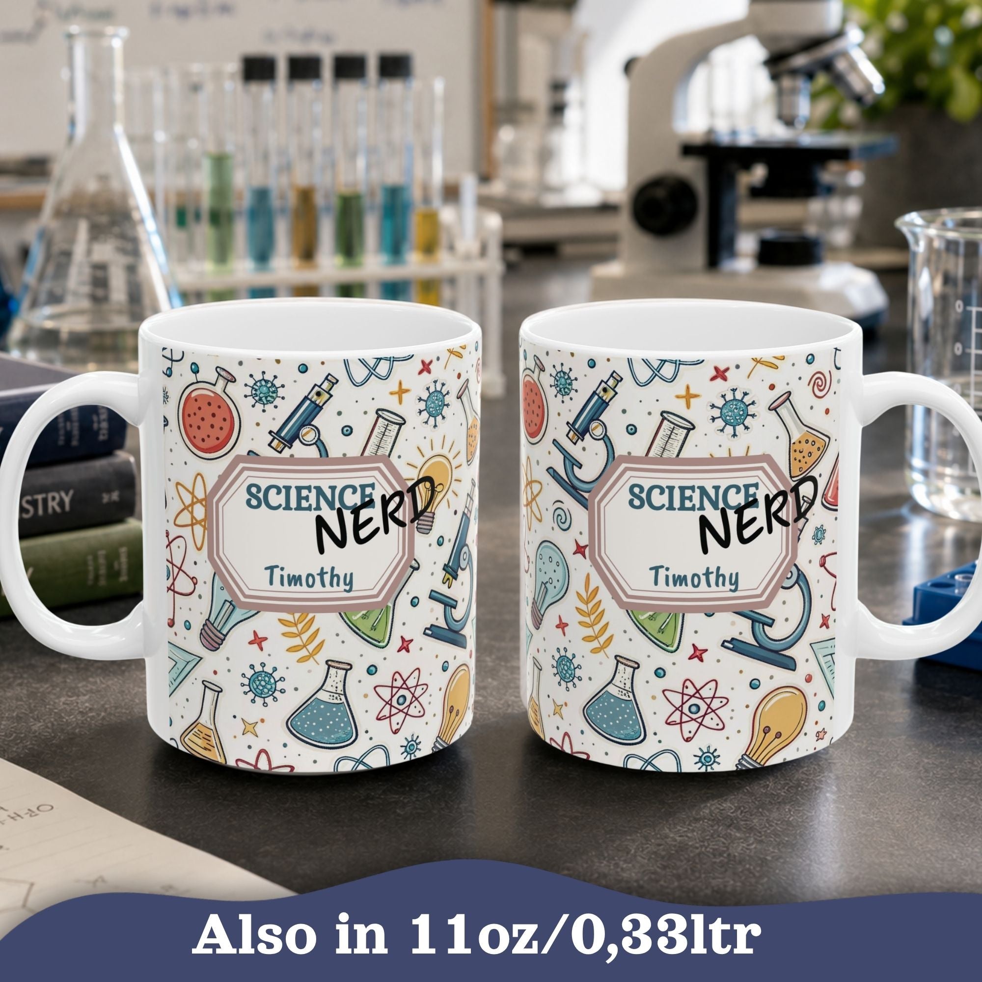 Personalized Science Nerd Mug, Chemistry Physics Laboratory Icons Ceramic Mug
