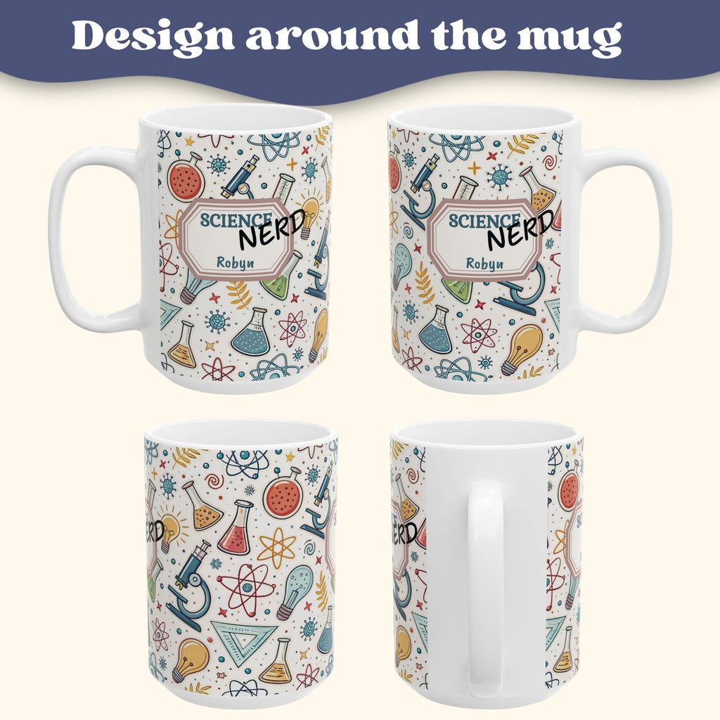 Personalized Science Nerd Mug, Chemistry Physics Laboratory Icons Ceramic Mug