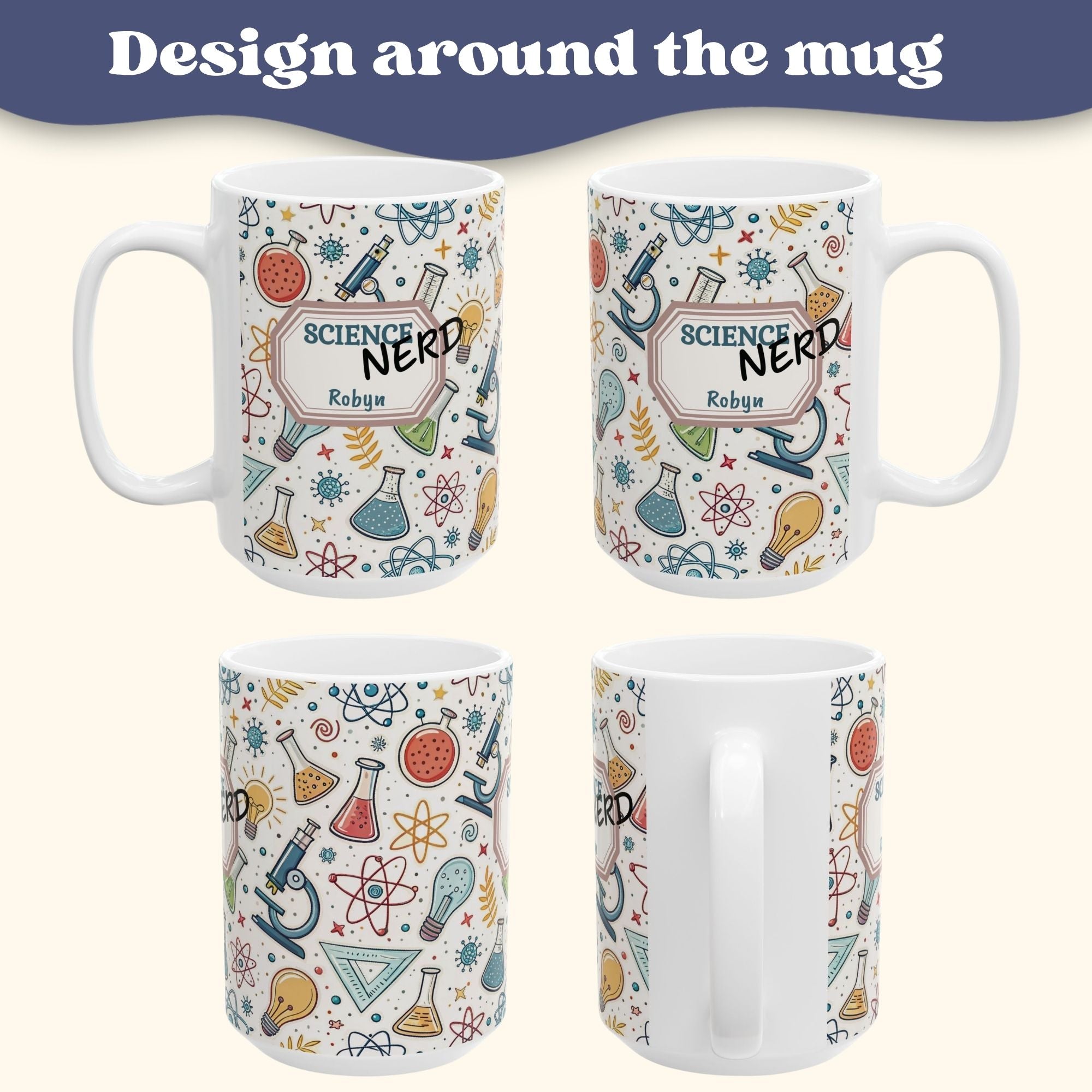 Personalized Science Nerd Mug, Chemistry Physics Laboratory Icons Ceramic Mug