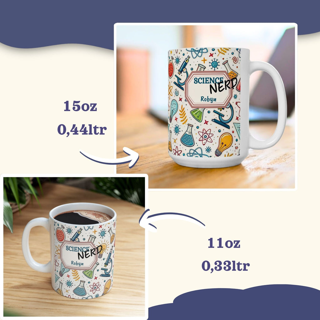 Personalized Science Nerd Mug, Chemistry Physics Laboratory Icons Ceramic Mug
