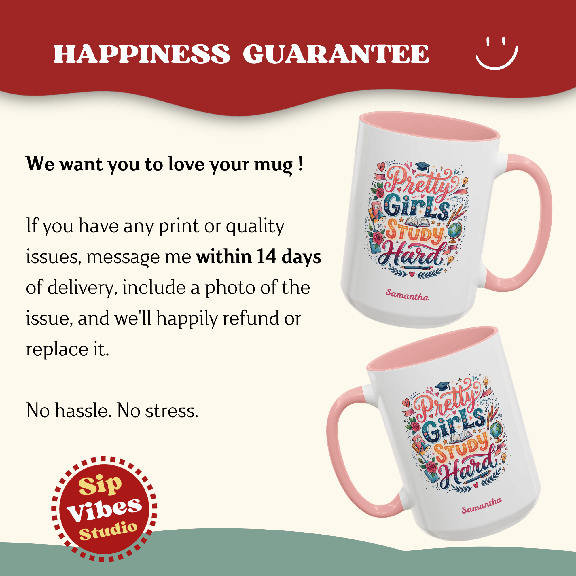Personalized Back to School Mug, Pretty Girls Study Hard Pink Inspirational Study Quote Mug