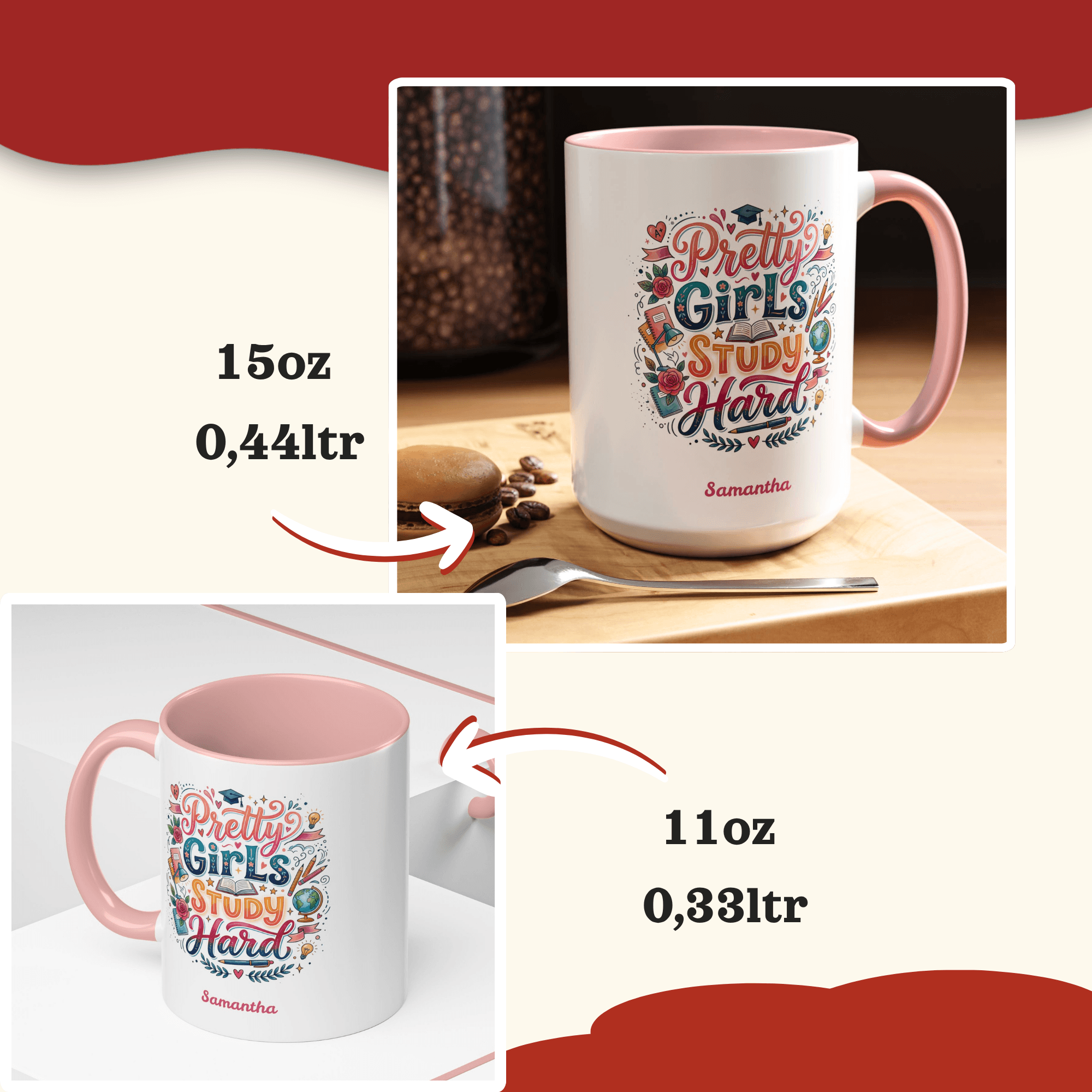 Personalized Back to School Mug, Pretty Girls Study Hard Pink Inspirational Study Quote Mug