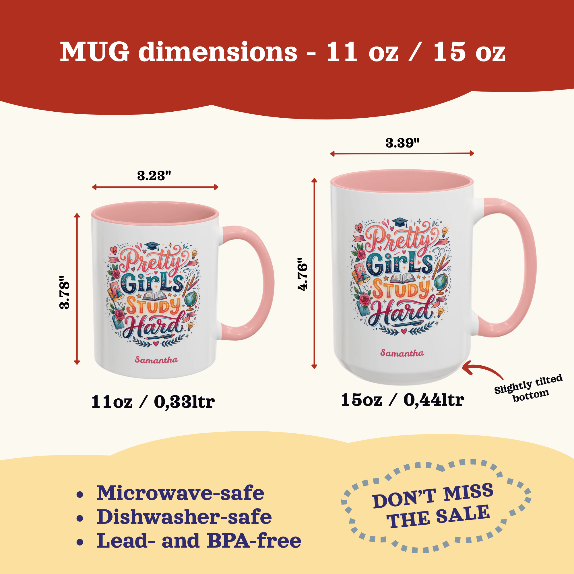 Personalized Back to School Mug, Pretty Girls Study Hard Pink Inspirational Study Quote Mug