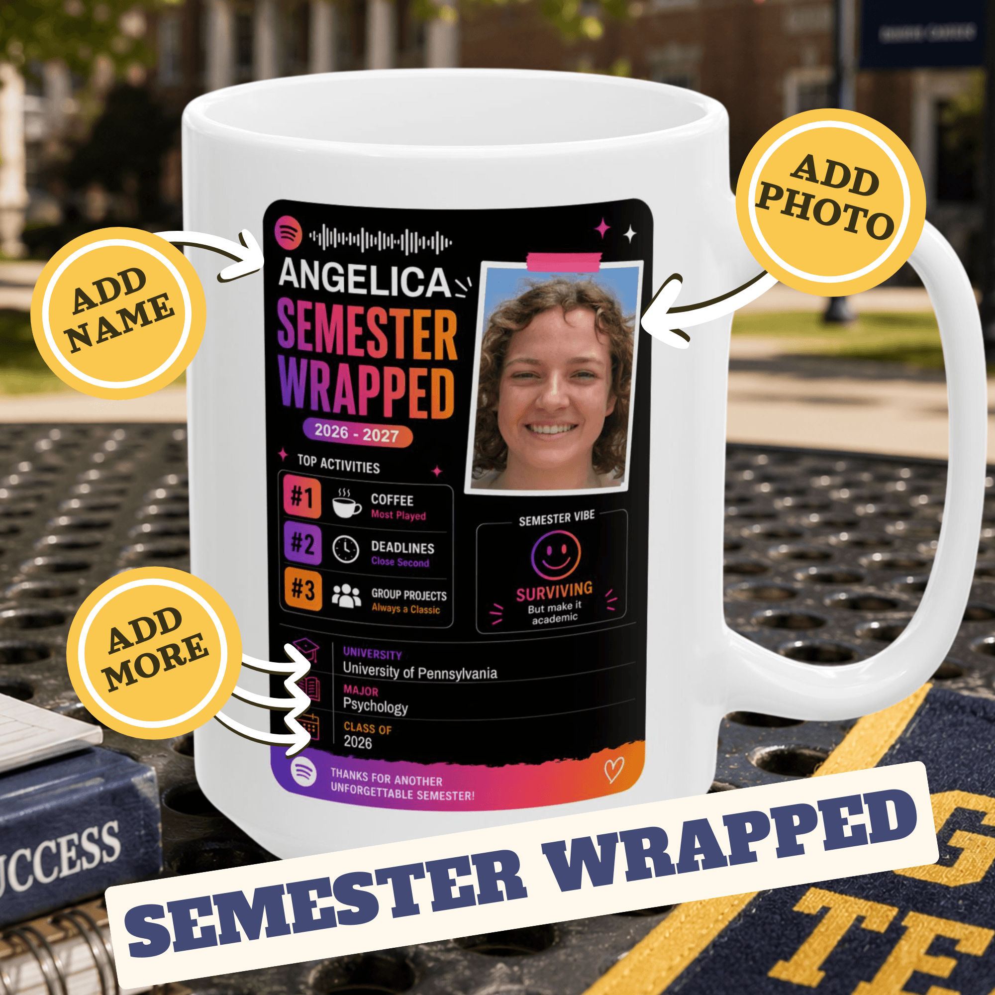Personalizable Back to School Mug, Customizable social media style Mug, Student Study gift Cup, Semester Wrapped Mug,