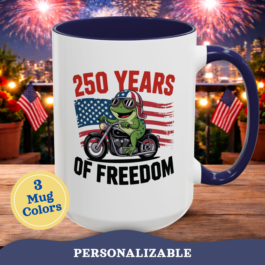 Personalized 250 Years of Freedom Mug, Motorcycle Mug Biker, America 250th anniversary USA, Frog Bike Cup