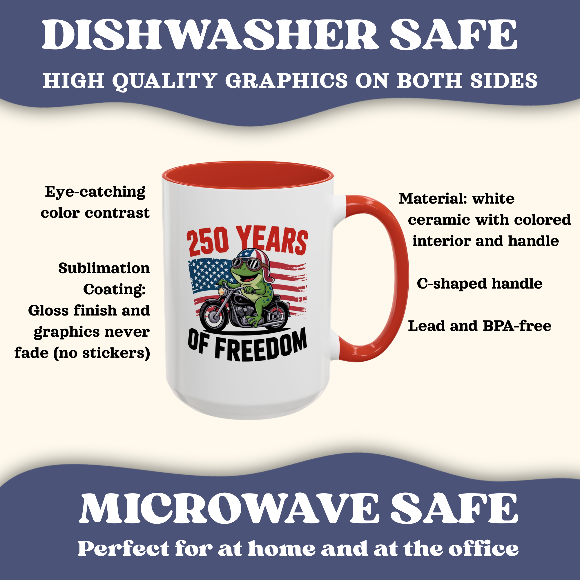 Personalized 250 Years of Freedom Mug, Motorcycle Mug Biker, America 250th anniversary USA, Frog Bike Cup