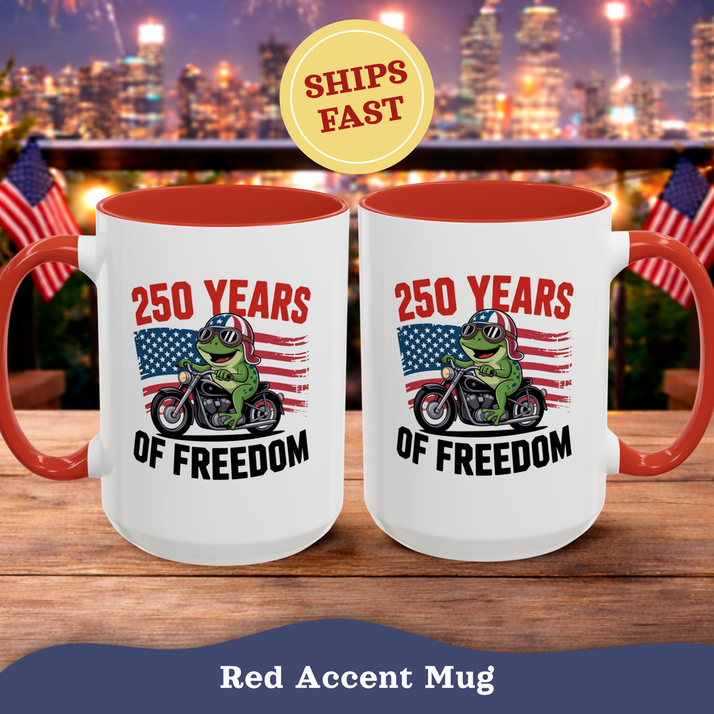 Personalized 250 Years of Freedom Mug, Motorcycle Mug Biker, America 250th anniversary USA, Frog Bike Cup