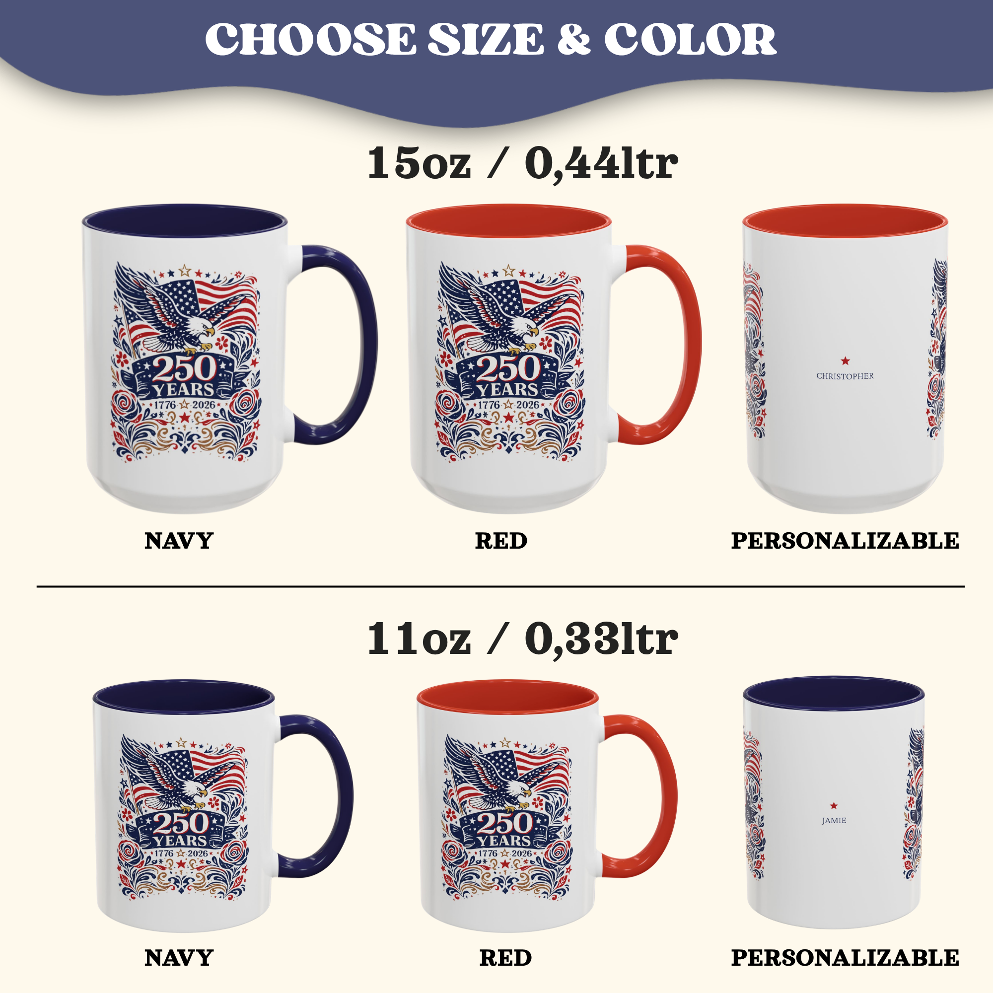Personalizable 250 Years American Flag and Eagle Mug, 4th of July Patriotic decor Cup, Independence Day Mug