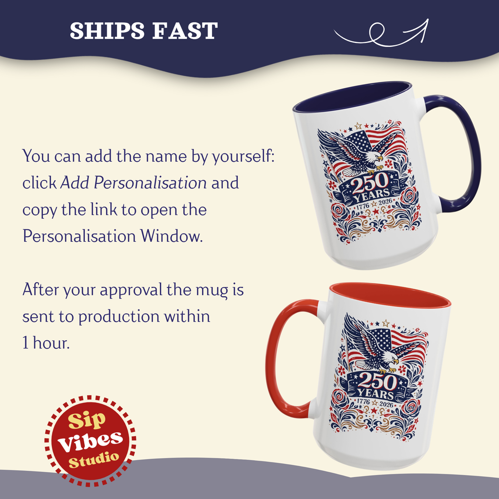 Personalizable 250 Years American Flag and Eagle Mug, 4th of July Patriotic decor Cup, Independence Day Mug