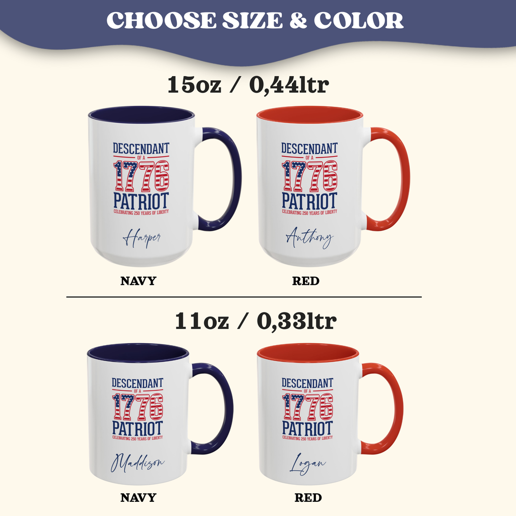 Personalized 4th of July Mug, Personalizable Descendant of 1776 Patriot Mug, Custom Independence Day Cup