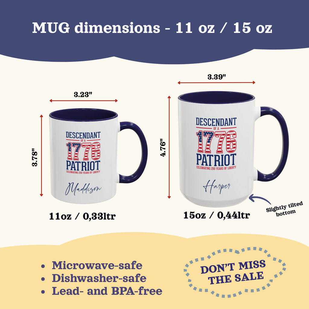 Personalized 4th of July Mug, Personalizable Descendant of 1776 Patriot Mug, Custom Independence Day Cup
